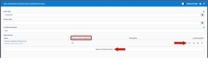 RPA operators certificate (company) details window highlighting where to look if a document requires acknowledgement, arrows showing where to upload a new document, and where to manage documents