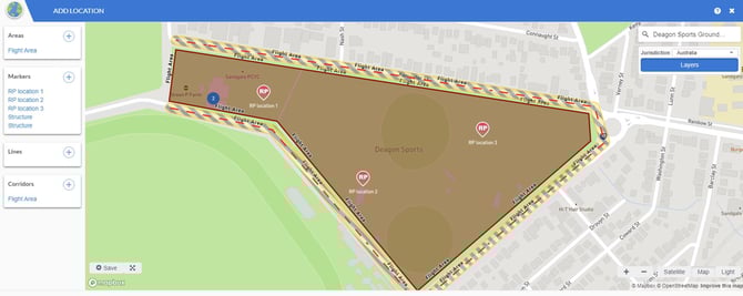 example of your drawn location showing the flight area and remote pilot positions