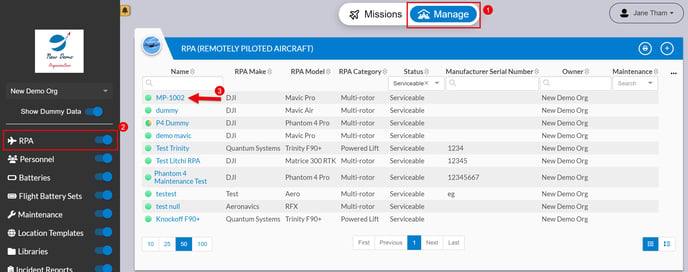 manage dashboard showing how to navigate to the RPA widget and selecting the RPA