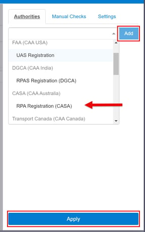 highlighting the authorities selection, add and apply button to display the registration information