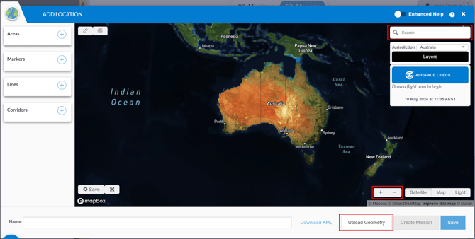 add location window to show the map, highlighting the search bar, zoom in and out button, and upload geometry button
