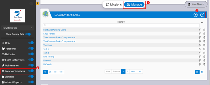highlighting the manage dashboard, location templates and add button on the office app