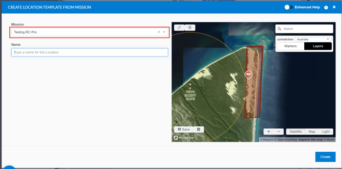 highlighting the mission name in the dropdown box from the create location template from mission window