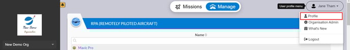 dropdown box on the main screen highlighting profile option from the main menu in top-right corner