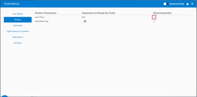your profile window highlighting a checkbox under default organisation
