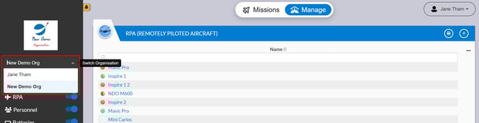 highlighting the dropdown box to change organisations on the left navigation panel of the main office app page