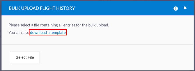 bulk upload flight history window highlighting download a template link to click