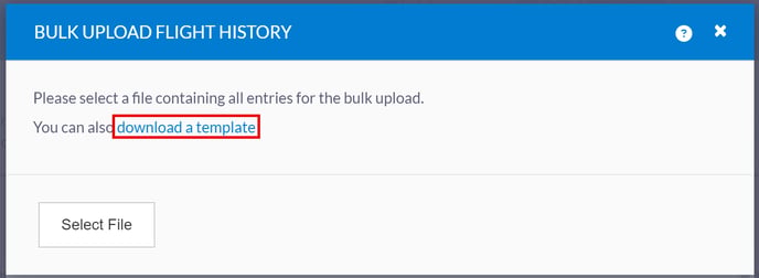 bulk upload flight history window highlighting download a template link to click