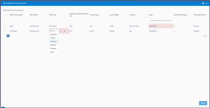 bulk import flight history showing red errors and a dropdown to select acceptable options