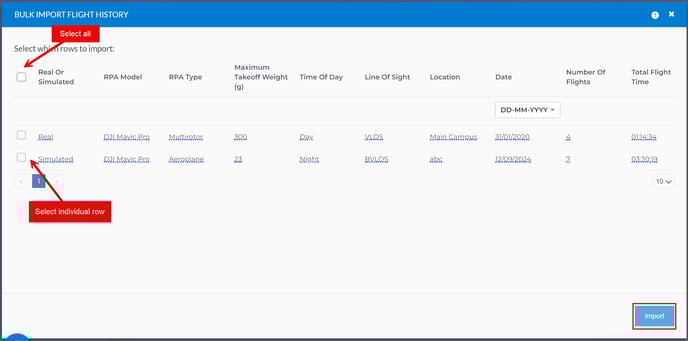 bulk import flight history showing the option to select specific rows or select all rows to bulk import