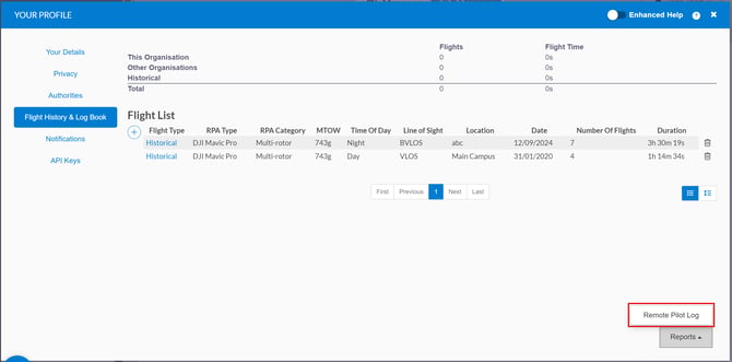flight history and log book tab on the your profile window highlighting remote pilot log under reports button