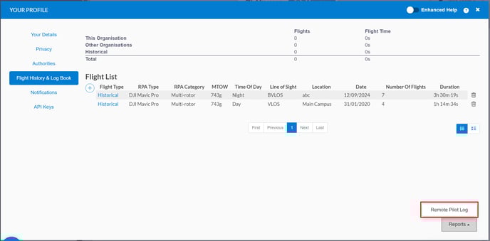 flight history and log book tab on the your profile window highlighting remote pilot log under reports button