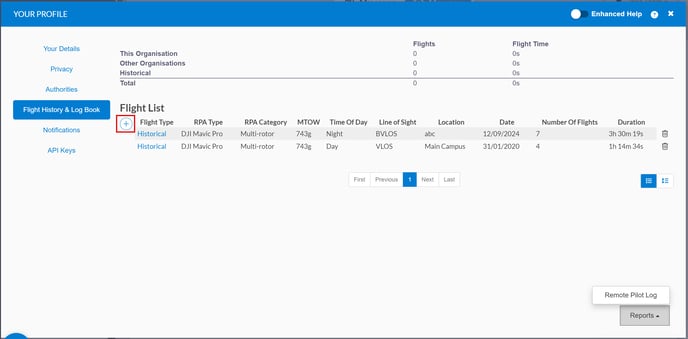 flight history and log book tab on the your profile window highlighting the add button under flight list