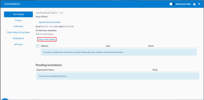 your profile window highlighting the setup asa details button