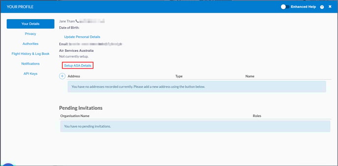 your profile window highlighting the setup asa details button
