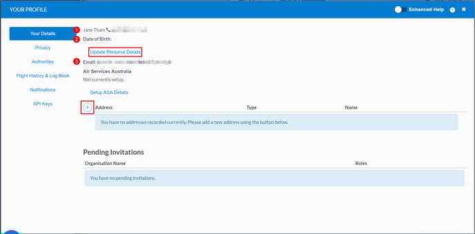 your profile window highlighting personal details and option to add information for address