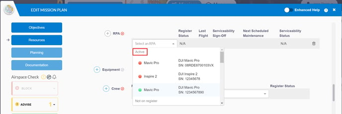 under the select an rpa dropdown box highlighting the active rpas