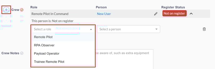 highlighting the plus button to add crew and the dropdown box to select the crew member